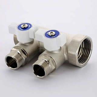 Коллектор НВ 1" 2 х 1/2" Н 40 мм никелированный с кранами (424N4220) Uni-Fitt