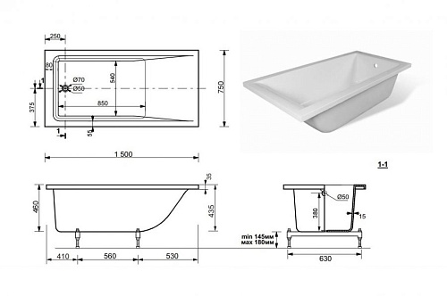 Ванна литьевой мрамор Эстет Дельта,150х75 + ножки