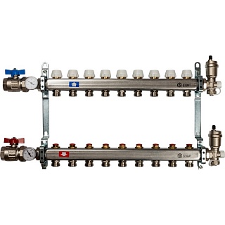 Коллектор 9-вых. нерж.ст. с кранами, терм., воздухоотв.. (SMS 0912 000009) STOUT