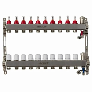 Коллектор с расходомерами 6-вых нерж. БЕЗ кранов  (внешний тройник, расход., дрен.кран, воздухоотв.) ELITELINE (KMV-004-6)