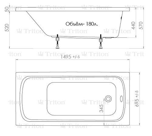 Ванна акриловая Стандарт,150х70 пустая TRITON