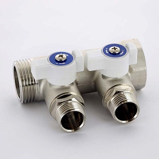 Коллектор НВ 1" 2 х 1/2" Н 40 мм никелированный с кранами (424N4220) Uni-Fitt