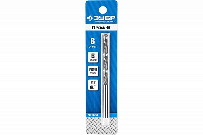 Сверло по металлу, сталь Р6М5, класс В, d=6.0*93 мм ЗУБР ПРОФ-В 29621-6 ВЫГОДА