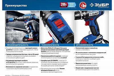 ЗУБР 20В, 2 АКБ (4Ач), в кейсе, дрель-шуруповерт, Профессионал. DL-201-42 ВЫГОДА