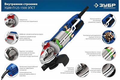 ЗУБР УШМ 125 мм, 1500 Вт, с рег оборотов, компакт, серия Профессионал УШМ-П125-1500 ЭПСТ ВЫГОДА