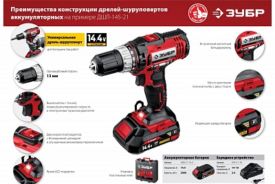 ЗУБР 14.4В, 2 АКБ (2Ач), в кейсе, дрель-шуруповер,Мастер. ДШЛ-145-22 ВЫГОДА