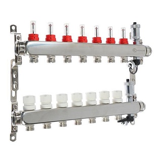 Коллектор с расходомерами 8-вых нерж. БЕЗ кранов, со сливным краном 1"x 8 x 3/4"AQUALINK