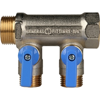 Коллектор с шар.кранами 3/4", 2 отвода 1/2" (SMB 6201 341202) STOUT(синие ручки)