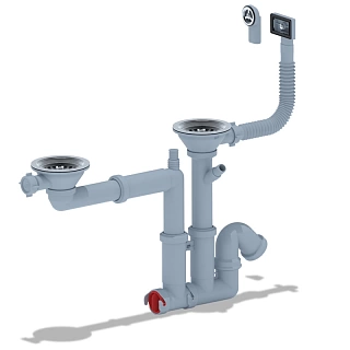 Сифон 3 1/2"*40,  двойной, смещенный с отводом для стиральной машины , гибким круглым и прямоугольным переливом F7500S (10)