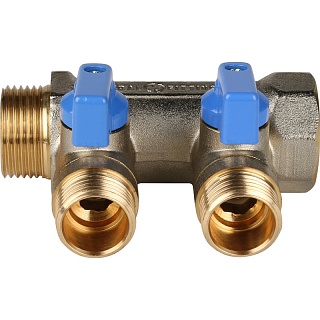 Коллектор с шар.кранами 3/4", 2 отвода 1/2" (SMB 6201 341202) STOUT(синие ручки)