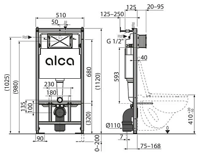 Система инсталляции д/унитаза AlcaPlast 4 в 1 (AM101/1120) с кнопкой (М678 черная матовая) КОМПЛЕКТ