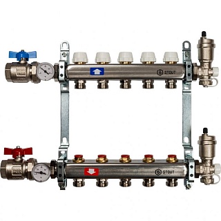 Коллектор 5-вых. нерж.ст. с кранами, терм., воздухоотв.. (SMS 0912 000005) STOUT