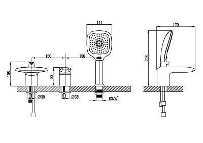 Смеситель врезной на борт ванны 3 отверстия "STATUS" (4445С) 40 мм.LEMARK 