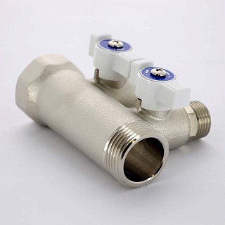 Коллектор НВ 1" 2 х 1/2" Н 40 мм никелированный с кранами (424N4220) Uni-Fitt