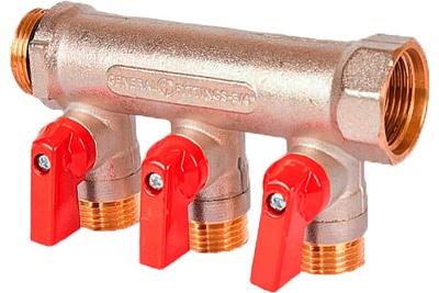 Коллектор с шар.кранами 1", 3 отвода 1/2" (SMB 6210 011203) STOUT(красные ручки) замена арт.64958