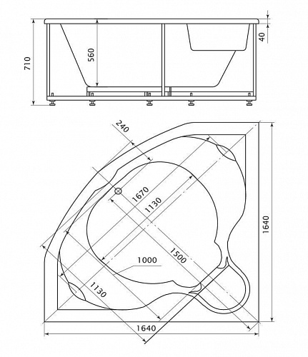 Ванна акриловая Сириус 164х164 угловая