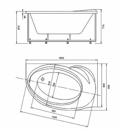 Ванна акриловая Бетта 150х95 правая