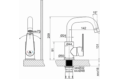 Смеситель д/умывальника FRIGAT нерж.в хроме поворотн.излив L-обр. d35  3502 ARGO 44273