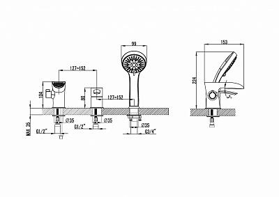 Смеситель врезной на борт ванны 3 отверстия "ATLANTISS" (3245С) 35 мм. LEMARK 