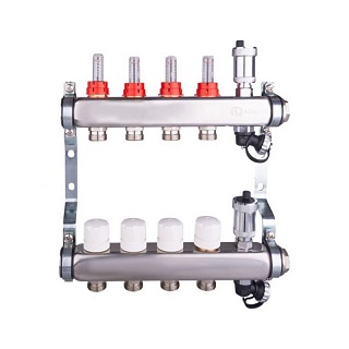 Коллектор с расходомерами 4-вых нерж. БЕЗ кранов, со сливным краном 1"x 4 x 3/4"AQUALINK
