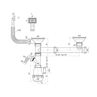 Сифон 3 1/2х40 бутылочный ДВОЙНОЙ д/мойки с пер и отводом с/м Ани  А7500S  (10)