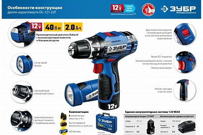 ЗУБР 12В + LED фонарь, 2 АКБ (2Ач), в кейсе, дрель-шуруповерт, Профессионал. DL-121-22F ВЫГОДА