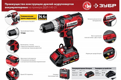 ЗУБР 14.4В, 1 АКБ, в кейсе, дрель-шуруповер. ДШЛ-145-21 ВЫГОДА