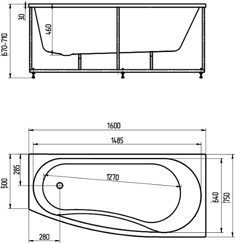 Ванна акриловая Пандора 160х75 правая