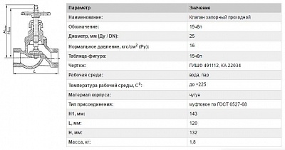 Вентиль  15ч8п, ду 25 РУ16  (до +225 градусов)