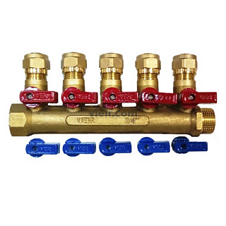 Коллектор с шар. краном   1" х 16 - 5 вых..красн.+син. "ViEiR" (VR705А) (10/1шт)	