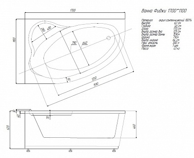 Ванна акриловая Фиджи-170 левая  (экран+сифон) 