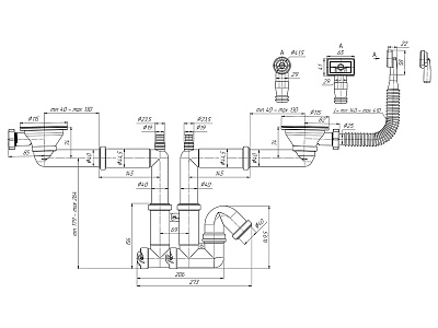 Сифон 3 1/2"*40, двойной ,с отводом для стиральной машины ,гибким круглым и прямоугольным переливом F3545S (10)