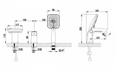 Смеситель врезной на борт ванны 3 отверстия "UNIT" (4545С) LEMARK  