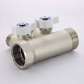 Коллектор НВ 1" 2 х 1/2" Н 40 мм никелированный с кранами (424N4220) Uni-Fitt