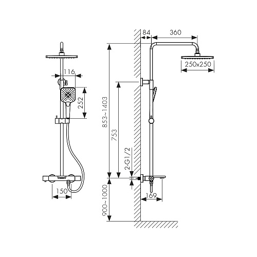 Душ. система KAISER Serio с термостатом, шлифованное золото (05382-3)