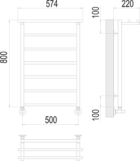 Полотенцесушитель 500х800 П7 "Контур" с полкой + уголки+ эксцентрики+ отражателиTERMINUS 