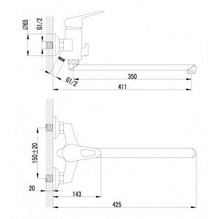 Смеситель д/ванны "LUNA" (4151С) 40 мм.плоск.излив 350мм дивертор керамич LEMARK  ВЫГОДА!!
