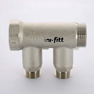 Коллектор НВ 1" 2 х 1/2" Н 40 мм никелированный с кранами (424N4220) Uni-Fitt