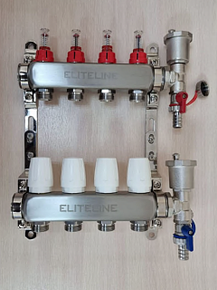 Коллектор с расходомерами 3-вых нерж. БЕЗ кранов (внешний тройник, расход., дрен.кран, воздухоотв.) ELITELINE (KMV-004-3)