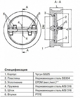 Обратный клапан CV16-065 межфл. Ду 65 (46мм) PN16, 110°С (105235)